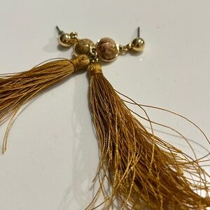 Uncommon James Gold Tassel Earrings with Marbled Beige Bead